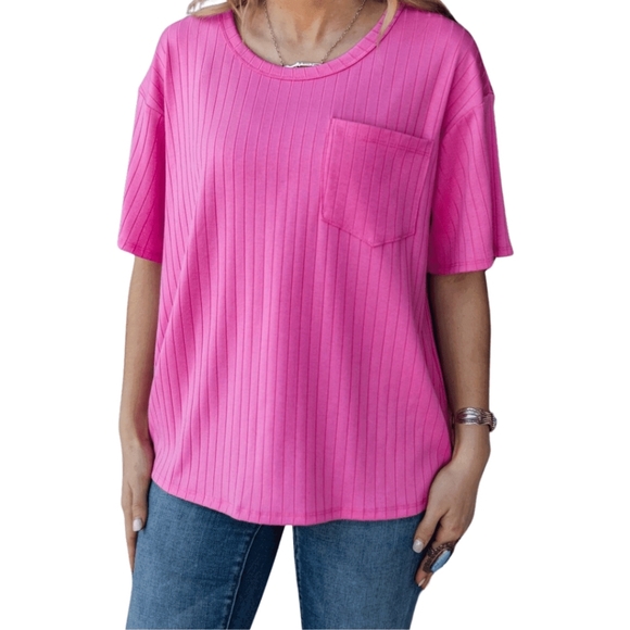 Pink Ribbed Women's Top With Pocket - Picture 2 of 3